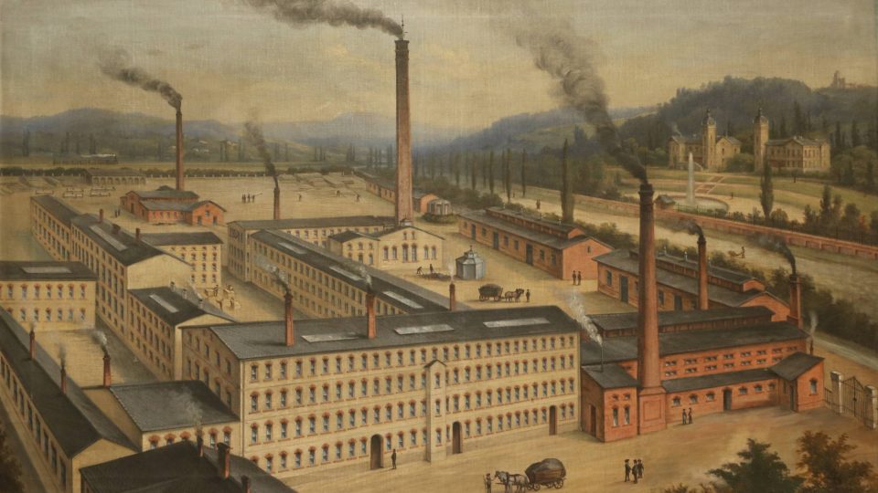 Továrna firmy Hückel na dobovém vyobrazení