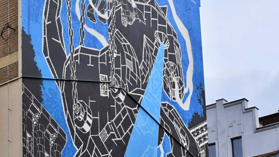 Muralartové dílo zobrazuje koně, jako historický symbol města, a části ostravských budov