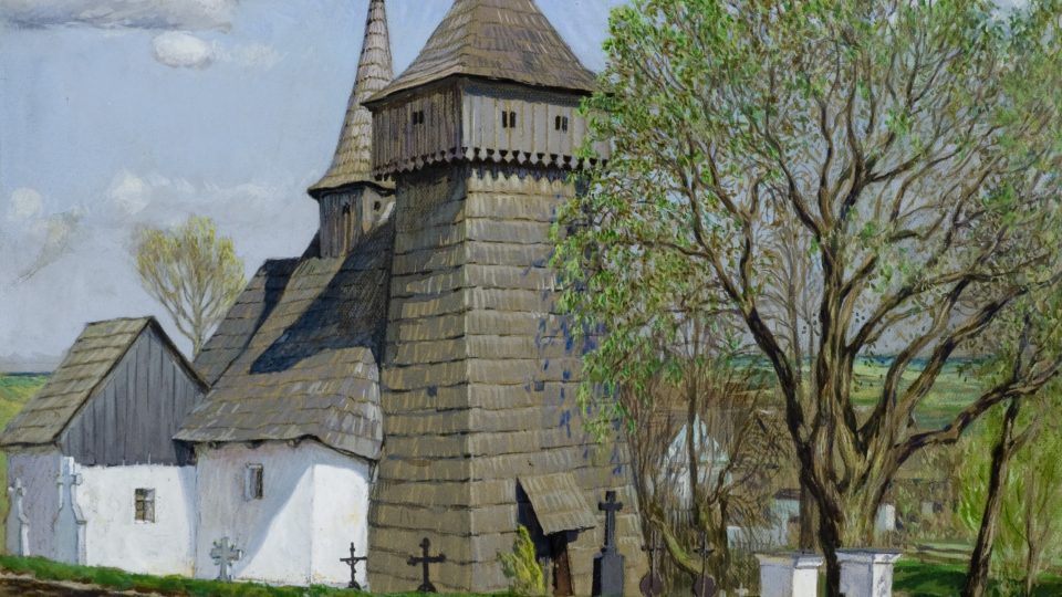 Původní dřevěný kostel v Tošovicích na malbě Adolfa Zdražily z roku 1909