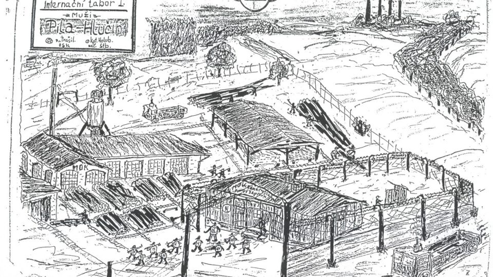 Skica z období odsunu znázorňuje sběrný lágr v Hlučíně na pile