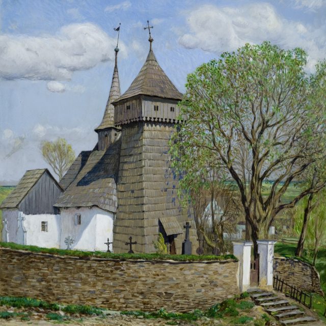 Původní dřevěný kostel v Tošovicích na malbě Adolfa Zdražily z roku 1909 | foto: Muzeum Oderska