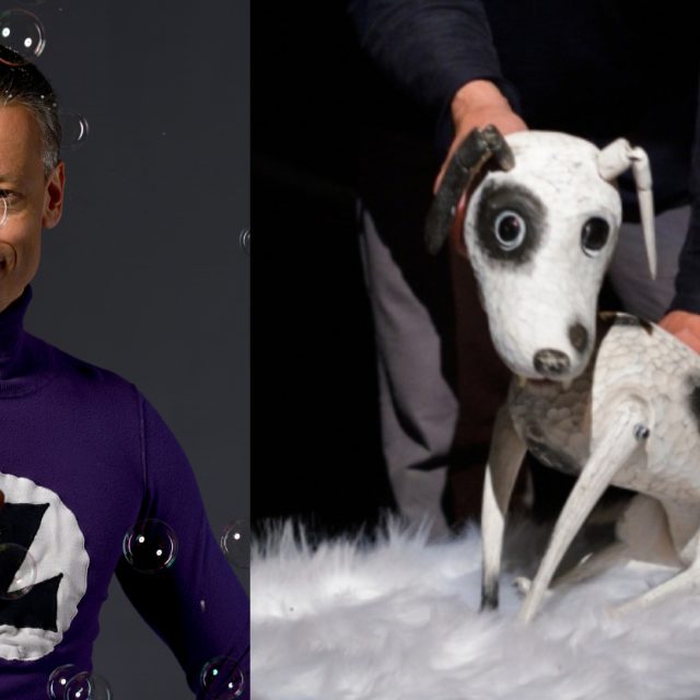 Karel Růžička,  herec Divadla loutek Ostrava. Vpravo pes Haryk | foto: Divadlo loutek Ostrava