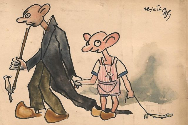 Kresba Josefa Skupy z 28. 5. 1926 - jedna z prvních kreseb Hurvínka a Spejbla | foto:  Archiv Pavla Skupy