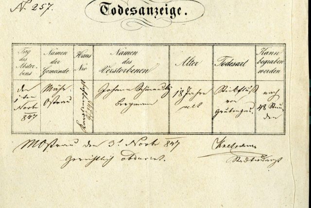 Úmrtní list jednoho z horníků dokládá důlní neštěstí z roku 1847 | foto:  Archiv města Ostravy