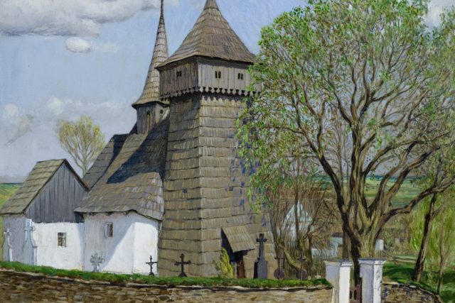 Původní dřevěný kostel v Tošovicích na malbě Adolfa Zdražily z roku 1909 | foto: Muzeum Oderska