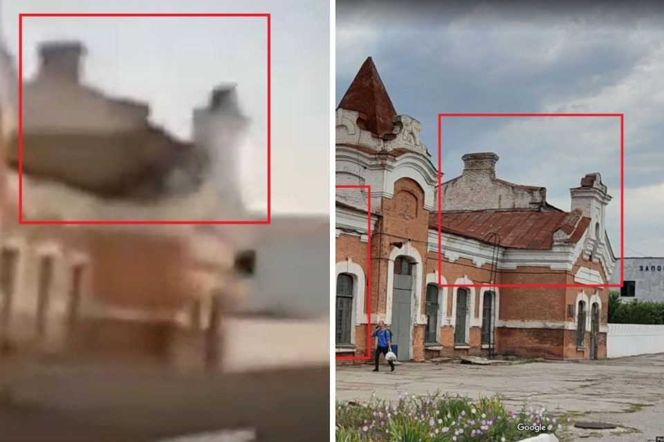 Geolokalizovali jsme nádraží,  které bylo vydáváno za nádražní budovu ve městě Lozova na východě Ukrajiny. Ve skutečnosti jde o nádražní budovu v Záporoží. Lživý je i kontext sdíleného videa | foto: Koláž iROZHLAS